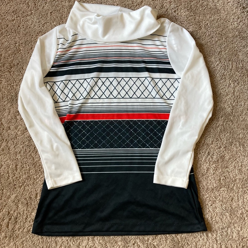Vintage 70’s striped blouse / dress top 36 black red white turtleneck long
